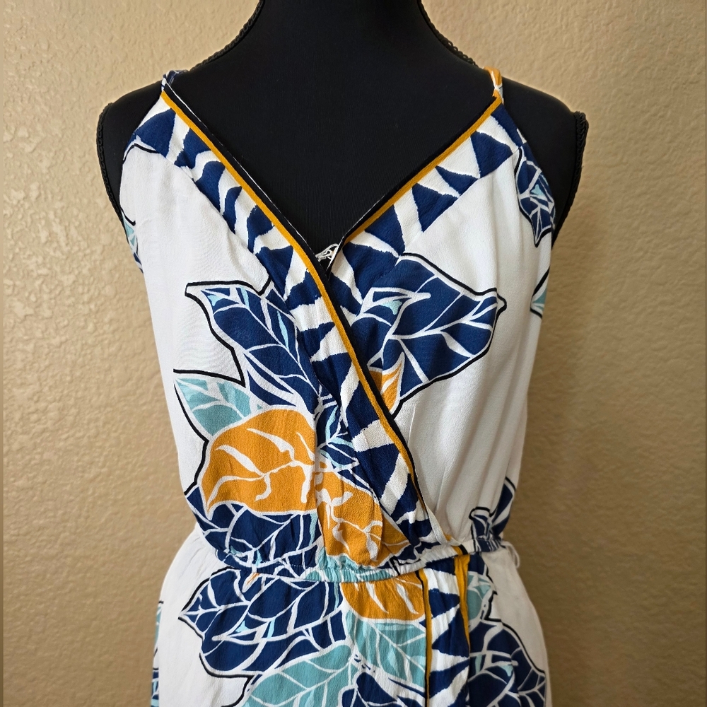 * Nine West Scarf Printed Wrap Dress. White Floral Maxi, Navy Mustard Accent LG - Picture 3 of 11
